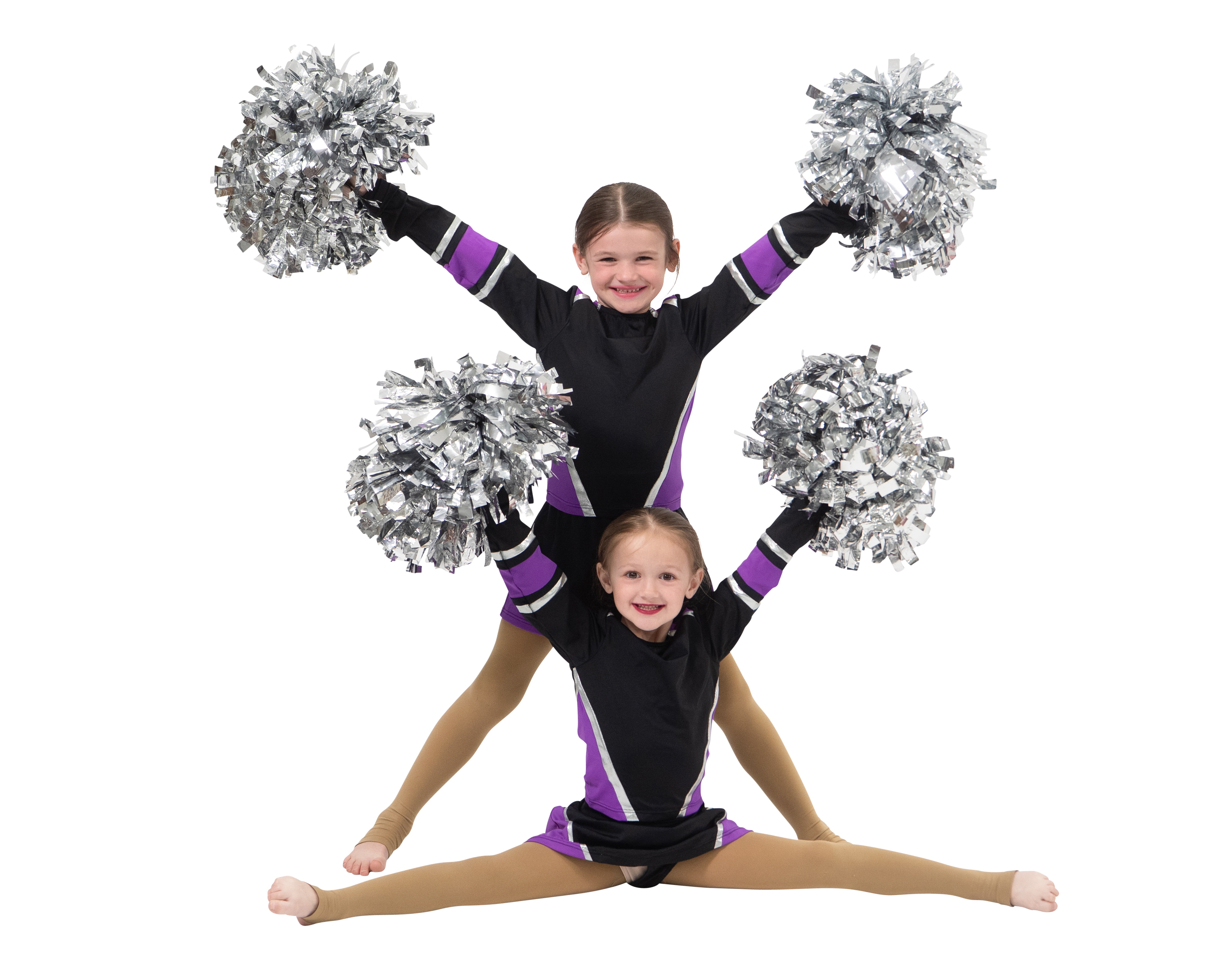 Two sisters posing together in their Fun Cheer costumes with pom-poms.