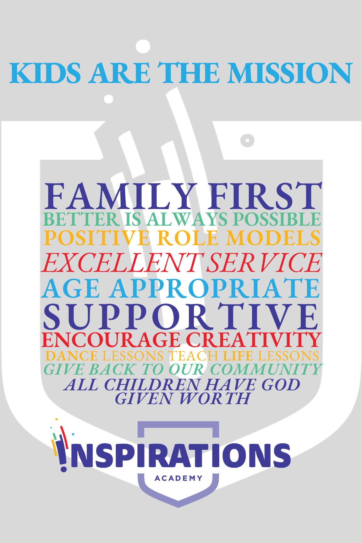 Inspirations Academy core values poster.