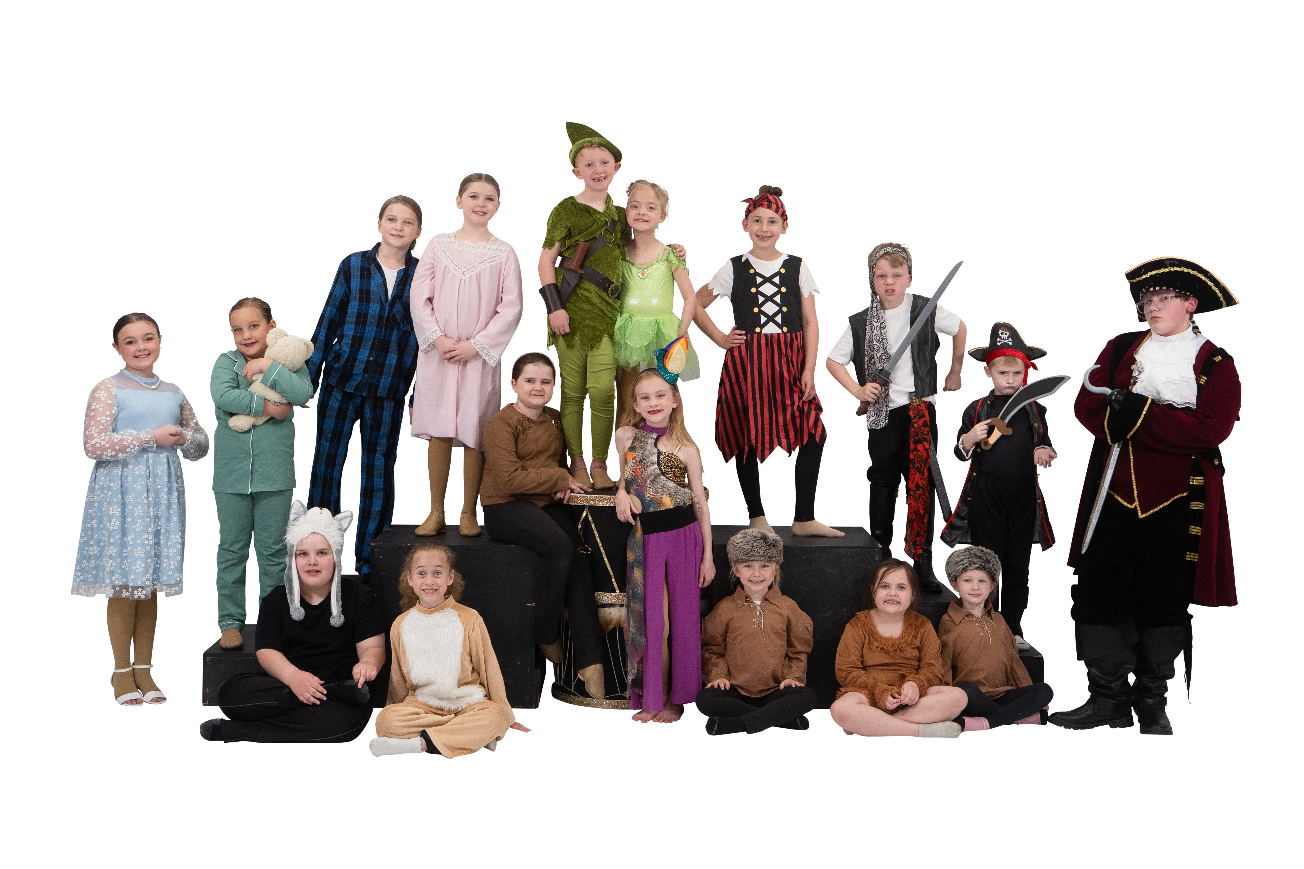The full cast of Inspirations Fine Arts Academy's Peter Pan Jr, performed in May 2026