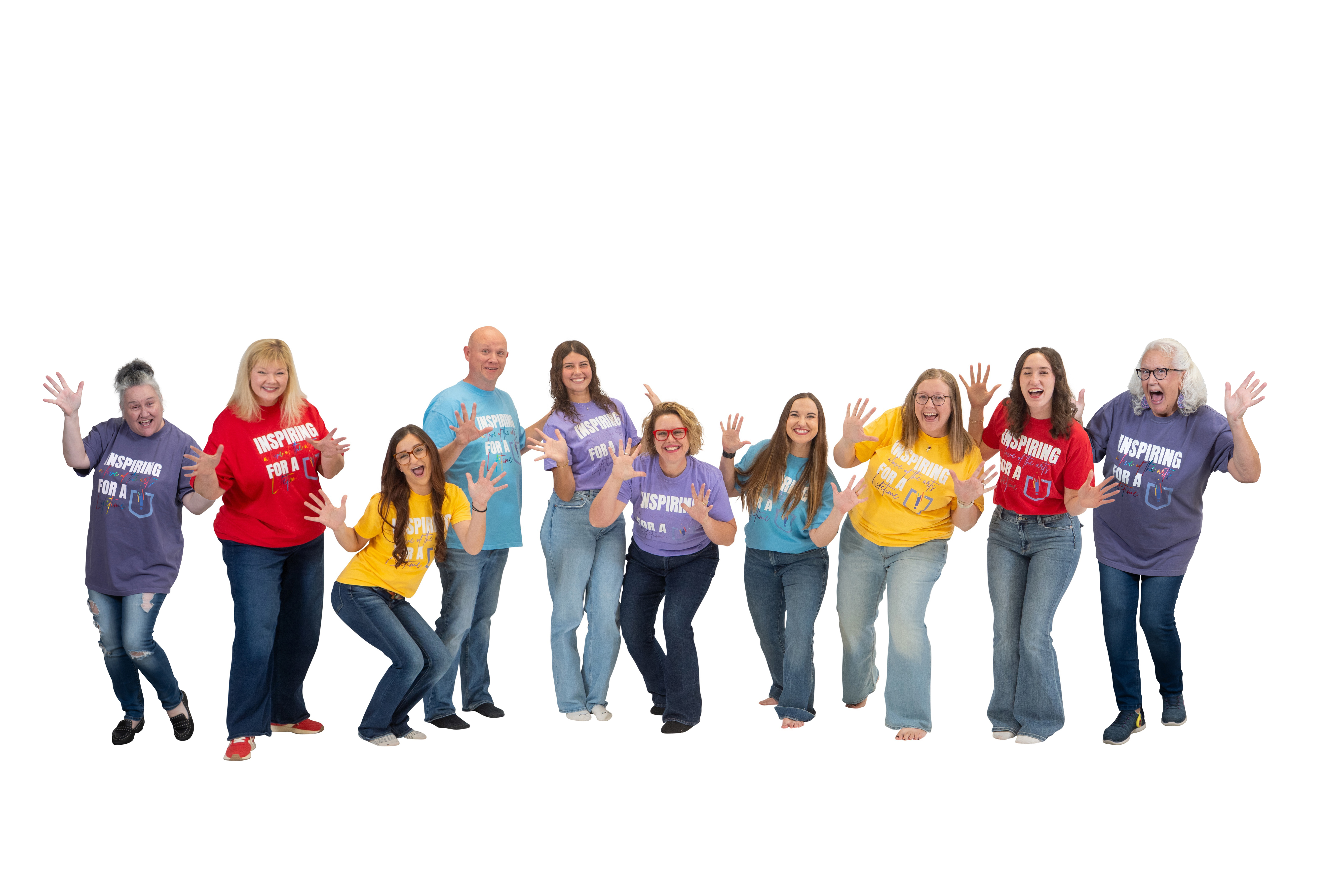 The Inspirations Academy team celebrating in matching Inspiring a Love of the Arts for a Lifetime shirts