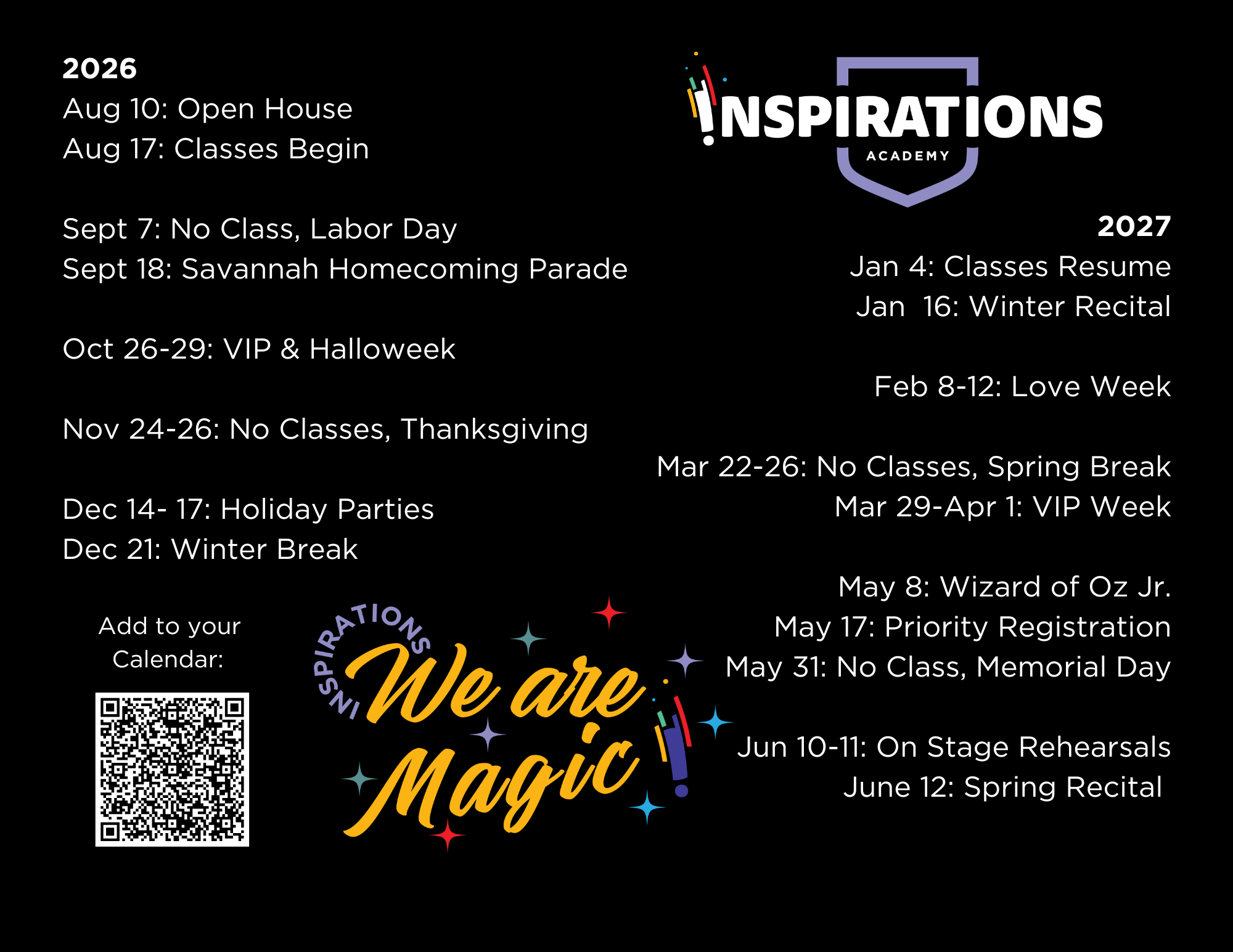 Inspirations Academy season calendar magnet for 2026 to 2027, listing every key date with a QR code to add the calendar to your phone
