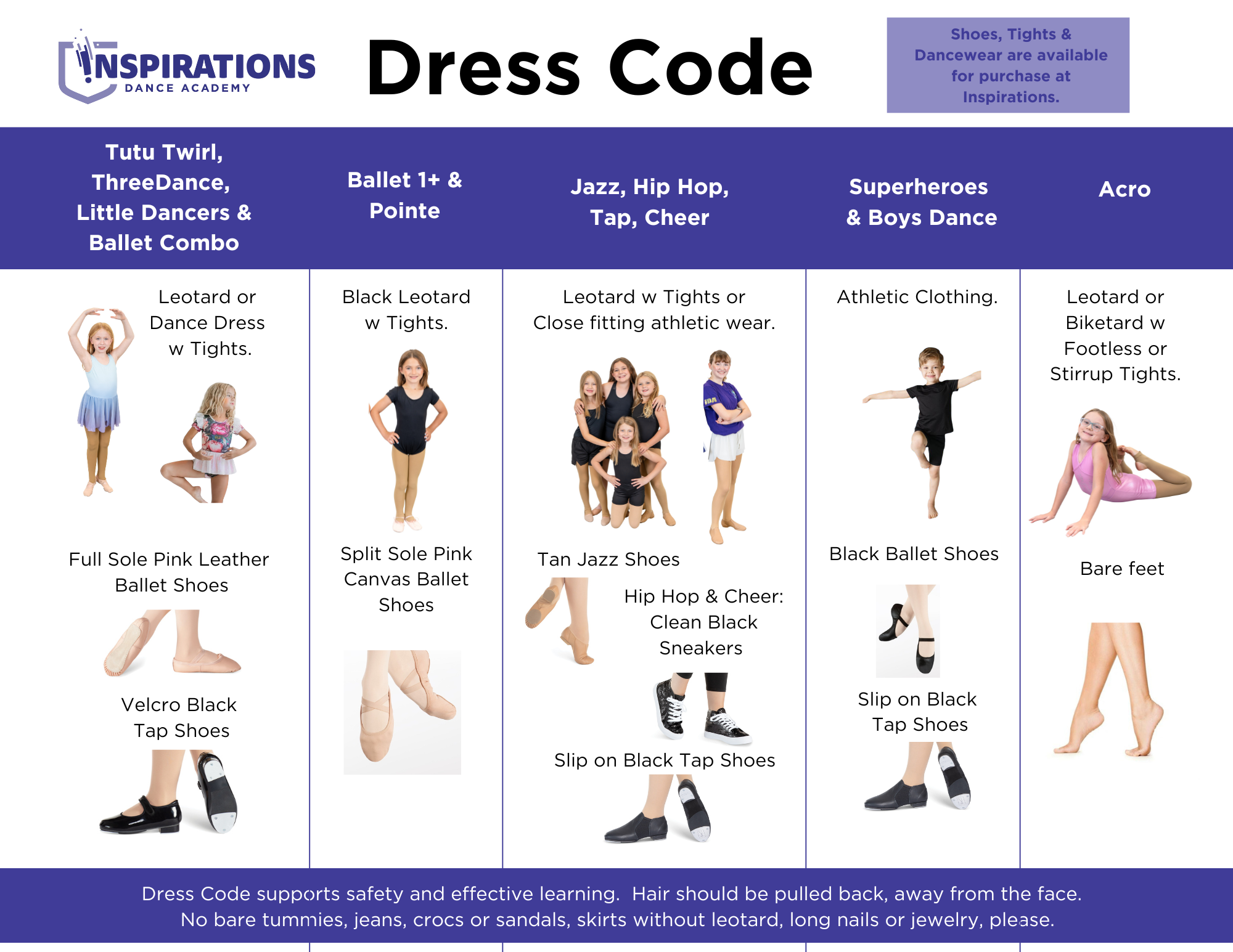 Inspirations Academy dress code reference chart showing clothing and shoes for every class