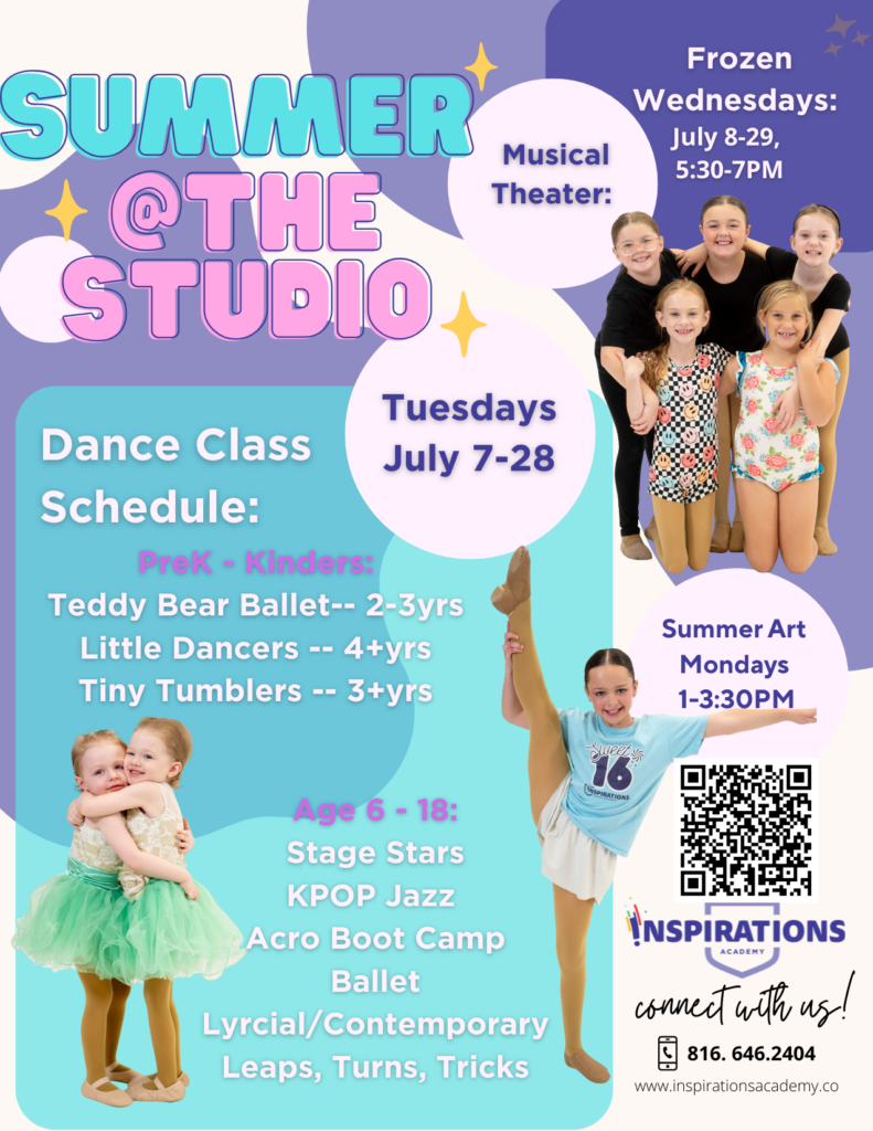 A past Summer at the Studio flyer showing the dance class schedule by age, a musical theatre unit and summer art